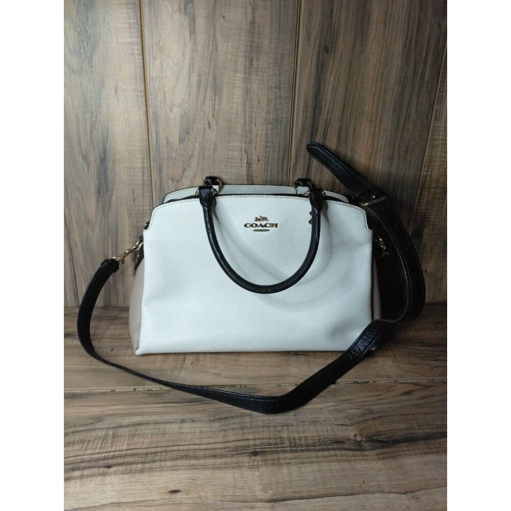 COACH Lillie Color Block Black Tan Chalk Leather Carryall Satchel Handbag
